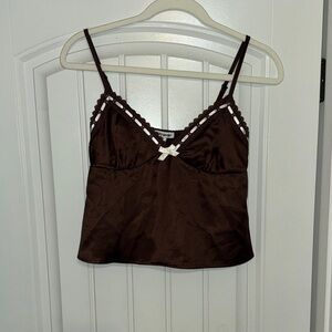 Chic Brown Satin Cami with Lace Trim